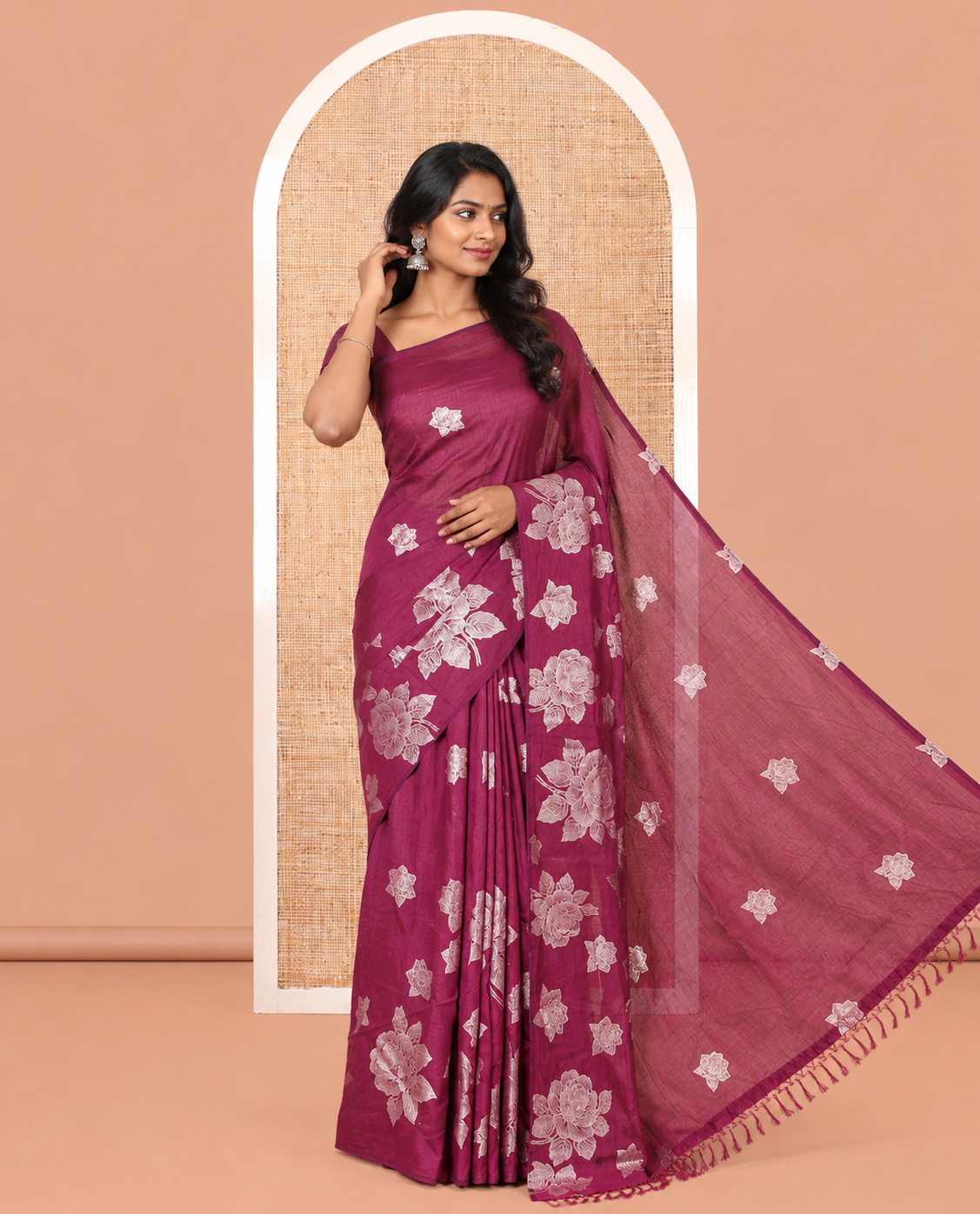 Borderless Wine Rose Floral Printed Vichitra Silk Saree, Self-Pallu of Floral Designs, and No Blouse