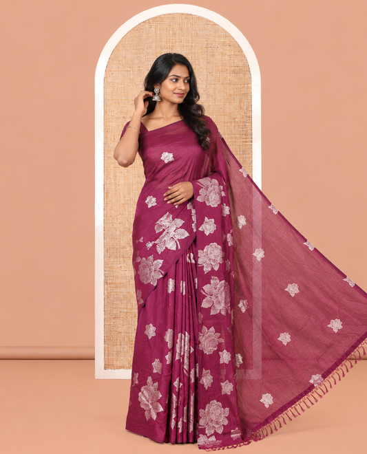 Borderless Wine Rose Floral Printed Vichitra Silk Saree, Self-Pallu of Floral Designs, and No Blouse