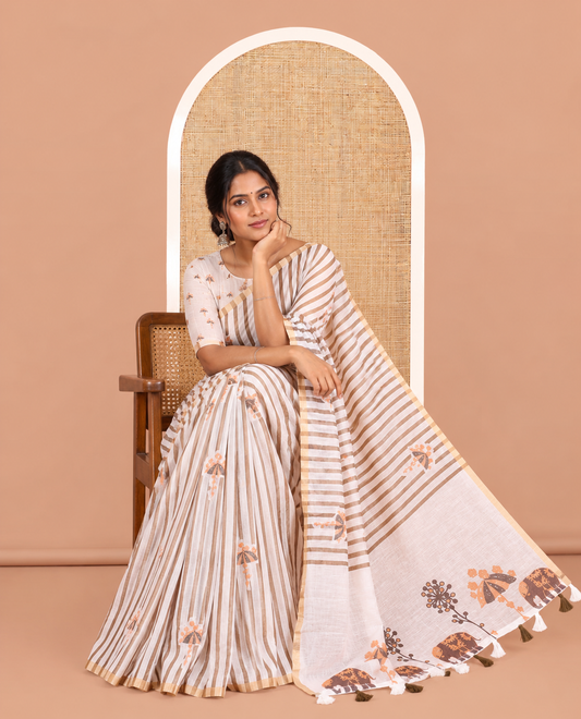 Borderless White-Brown Linen Cotton Saree, Elevated with Vertical Stripes, an Umbrella Print, and a Matching Blouse
