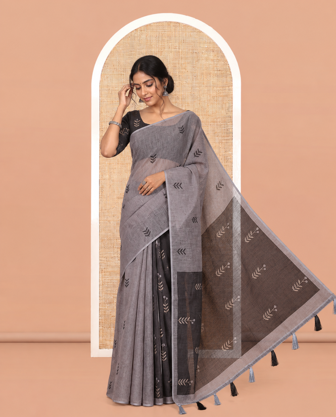 Borderless Grey Linen Cotton Saree with Leaf Print, a Contrast Leaf-Printed Pallu, and Contrast Blouse