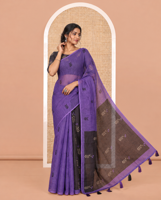 Borderless Purple Linen Cotton Saree with Leaf Print, a Contrast Leaf-Printed Pallu, and Contrast Blouse