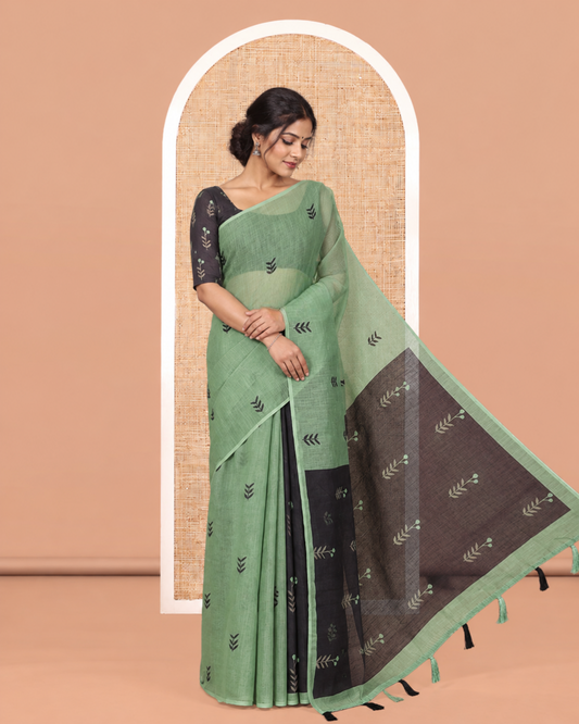 Borderless Olive Green Linen Cotton Saree with Leaf Print, a Contrast Leaf-Printed Pallu, and Contrast Blouse