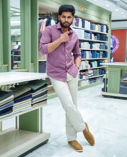 Mauve Plain Cotton Blended Casual Liquid Shirt, Featuring a Spread Collar, Full Sleeves, Slim Fit, and Regular Length
