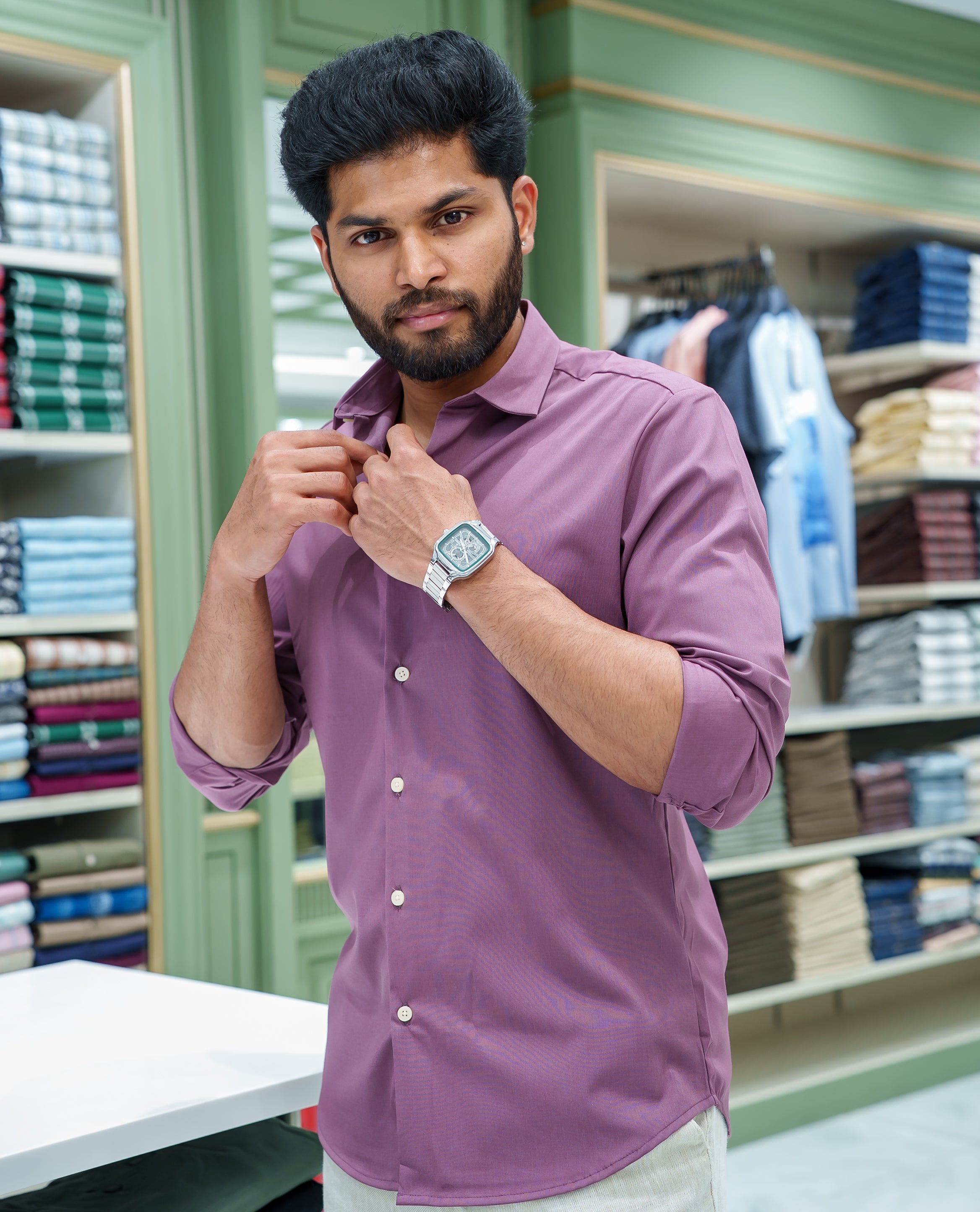 Mauve Plain Cotton Blended Casual Liquid Shirt, Featuring a Spread Collar, Full Sleeves, Slim Fit, and Regular Length