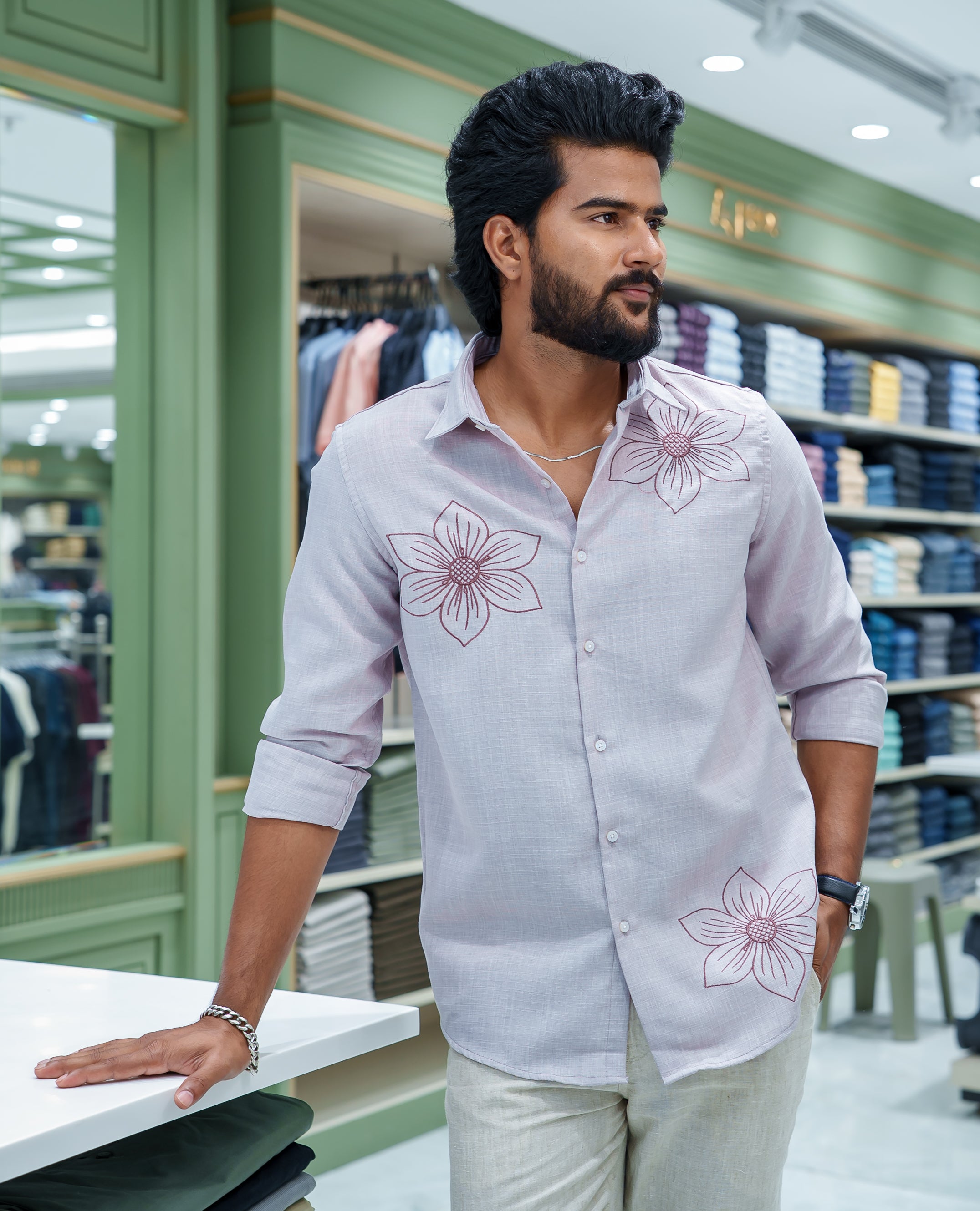 Grey Linen Blended Casual Shirt, Adorned with Heathered Base and Floral Thread Embroidery, Featuring a Spread Collar, Full-Sleeves, Slim Fit, and Regular Length