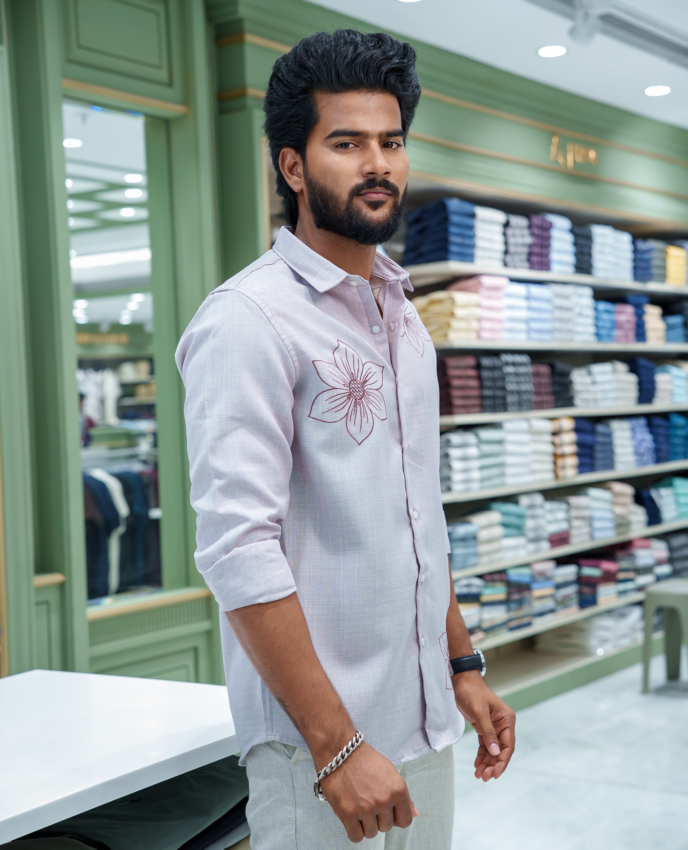 Grey Linen Blended Casual Shirt, Adorned with Heathered Base and Floral Thread Embroidery, Featuring a Spread Collar, Full-Sleeves, Slim Fit, and Regular Length