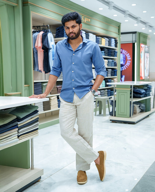 Blue-Grey Plain Cotton Blended Casual Liquid Shirt, Featuring a Spread Collar, Full Sleeves, Slim Fit, and Regular Length