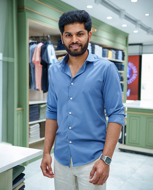 Blue-Grey Plain Cotton Blended Casual Liquid Shirt, Featuring a Spread Collar, Full Sleeves, Slim Fit, and Regular Length