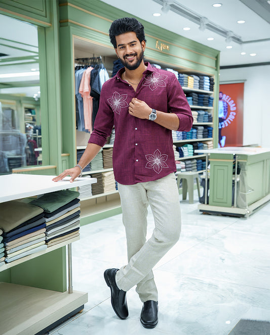 Maroon Linen Blended Casual Shirt, Subtly Sparkled with Heathered Base and Floral Thread Embroidery, Featuring a Spread Collar, Full-Sleeves, Slim Fit, and Regular Length