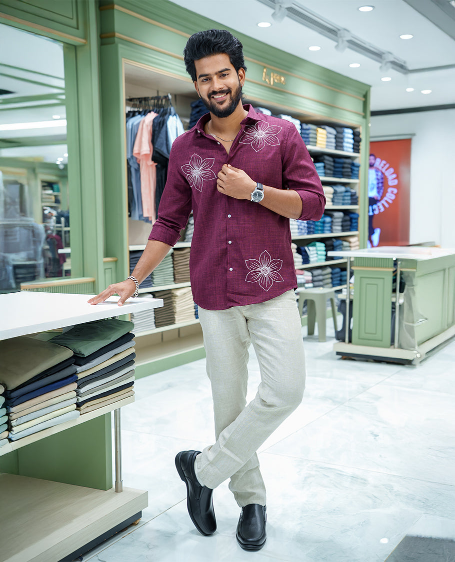 Maroon Linen Blended Casual Shirt, Subtly Sparkled with Heathered Base and Floral Thread Embroidery, Featuring a Spread Collar, Full-Sleeves, Slim Fit, and Regular Length