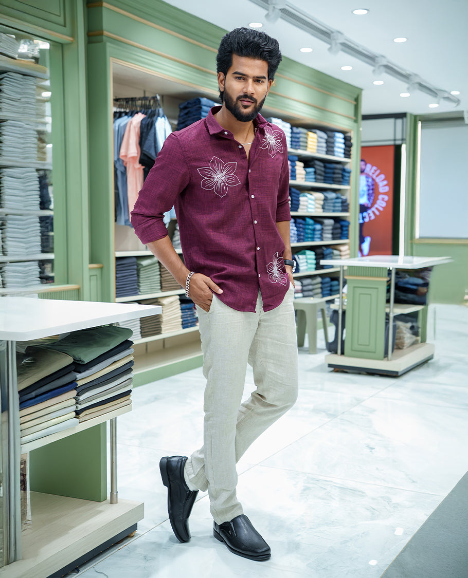 Maroon Linen Blended Casual Shirt, Subtly Sparkled with Heathered Base and Floral Thread Embroidery, Featuring a Spread Collar, Full-Sleeves, Slim Fit, and Regular Length
