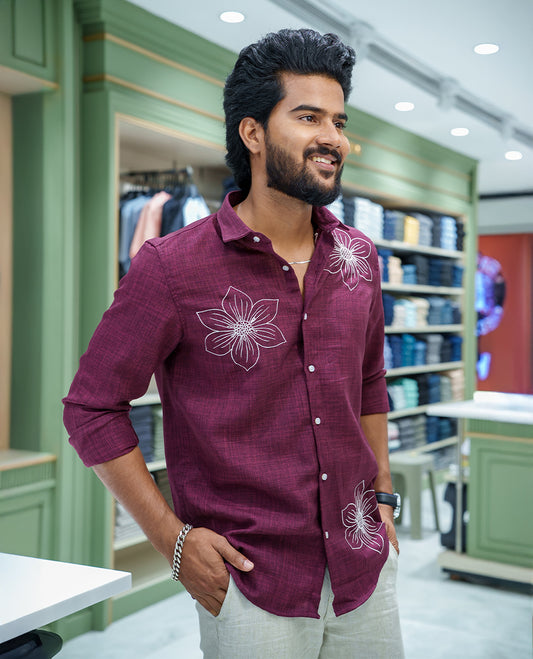 Maroon Linen Blended Casual Shirt, Subtly Sparkled with Heathered Base and Floral Thread Embroidery, Featuring a Spread Collar, Full-Sleeves, Slim Fit, and Regular Length