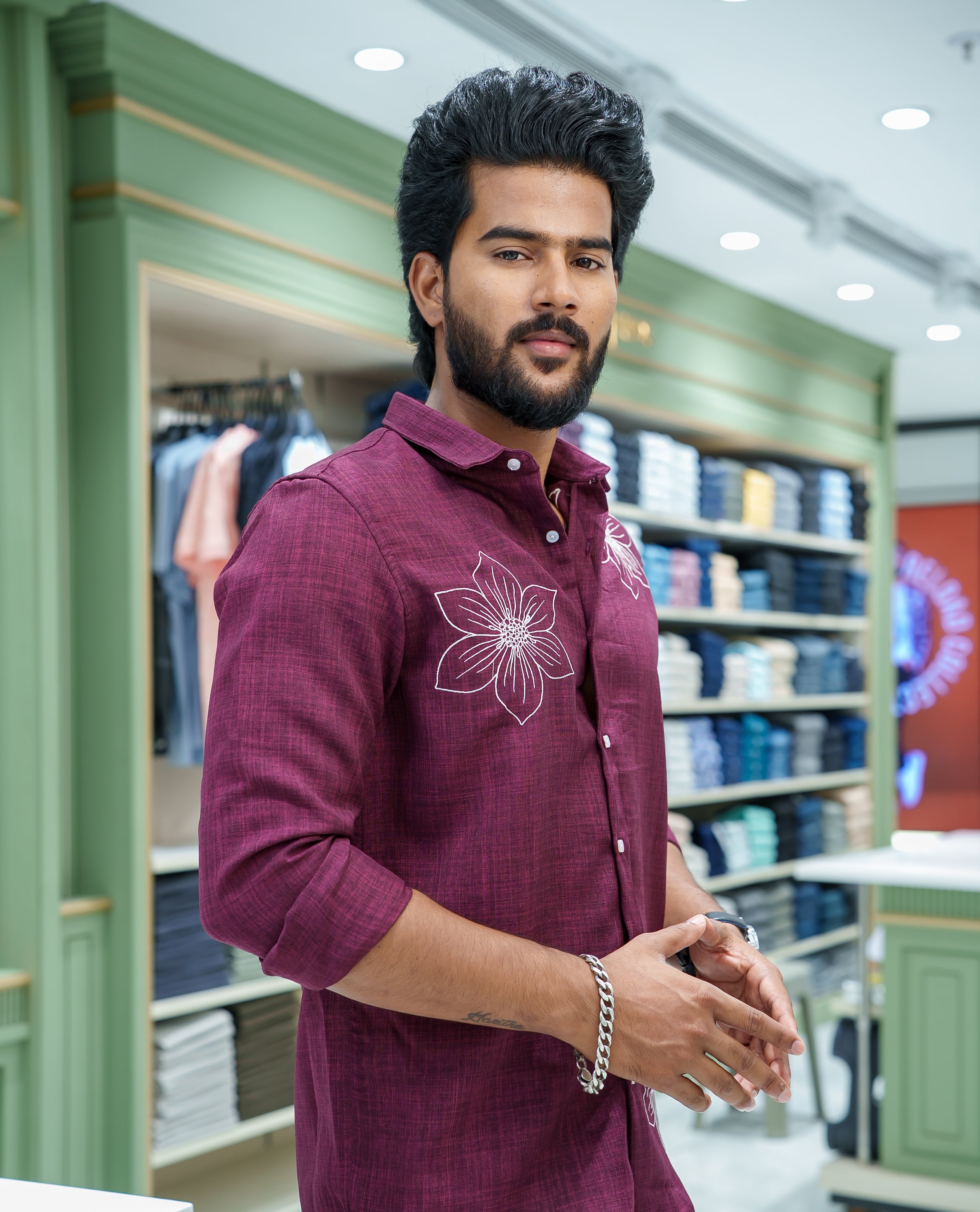 Maroon Linen Blended Casual Shirt, Subtly Sparkled with Heathered Base and Floral Thread Embroidery, Featuring a Spread Collar, Full-Sleeves, Slim Fit, and Regular Length