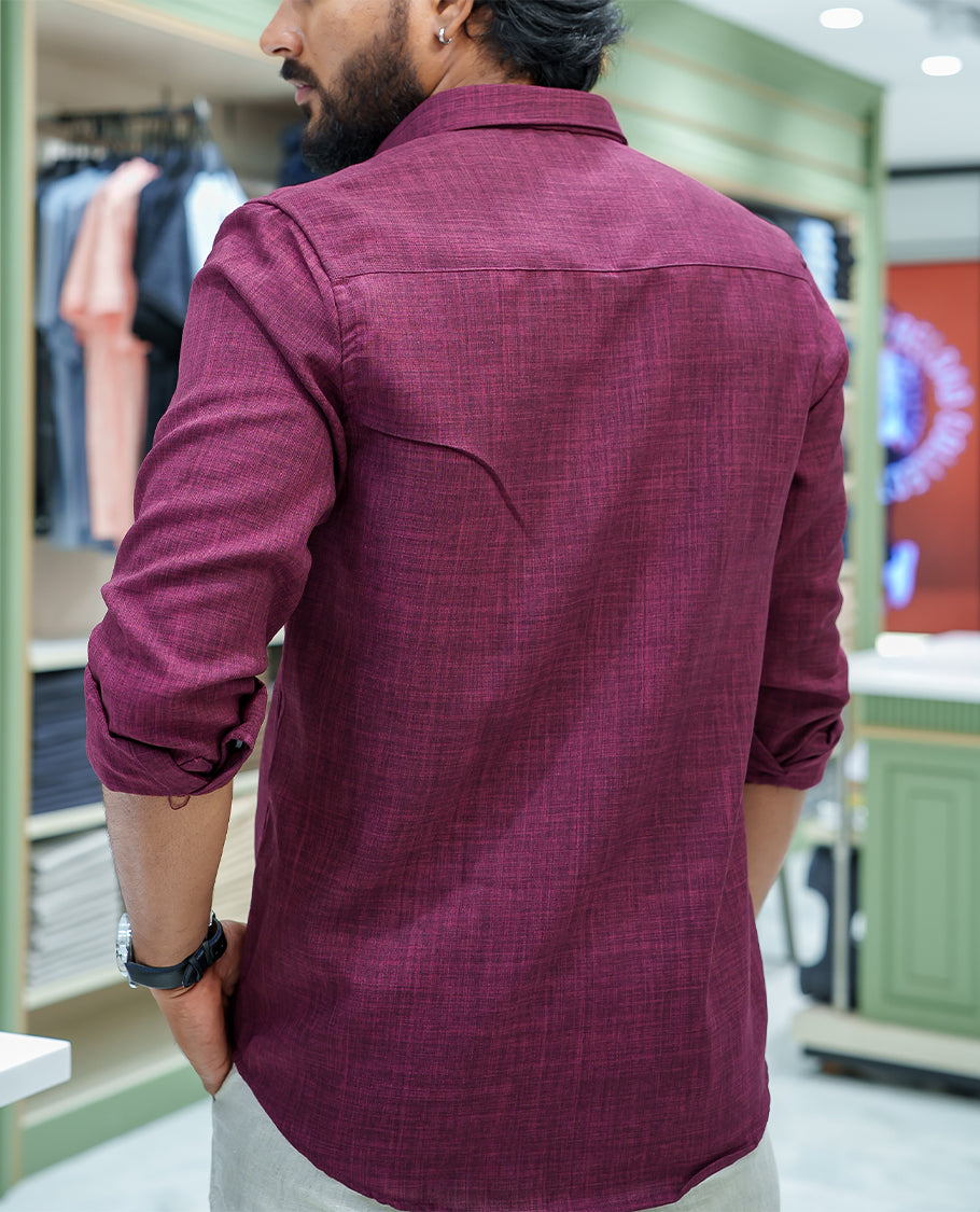 Maroon Linen Blended Casual Shirt, Subtly Sparkled with Heathered Base and Floral Thread Embroidery, Featuring a Spread Collar, Full-Sleeves, Slim Fit, and Regular Length