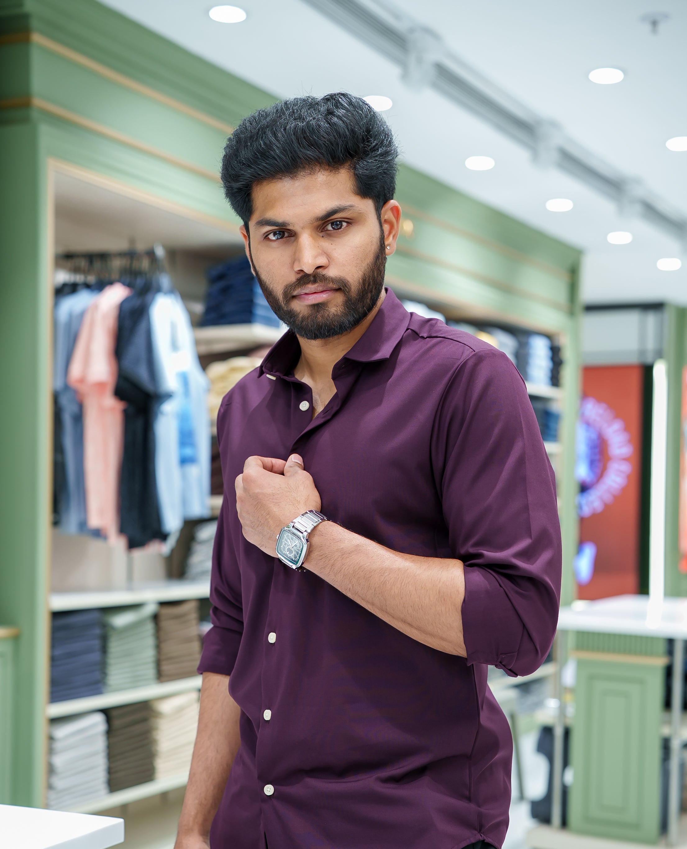 Burgundy Plain Cotton Blended Casual Liquid Shirt, Featuring a Spread Collar, Full Sleeves, Slim Fit, and Regular Length