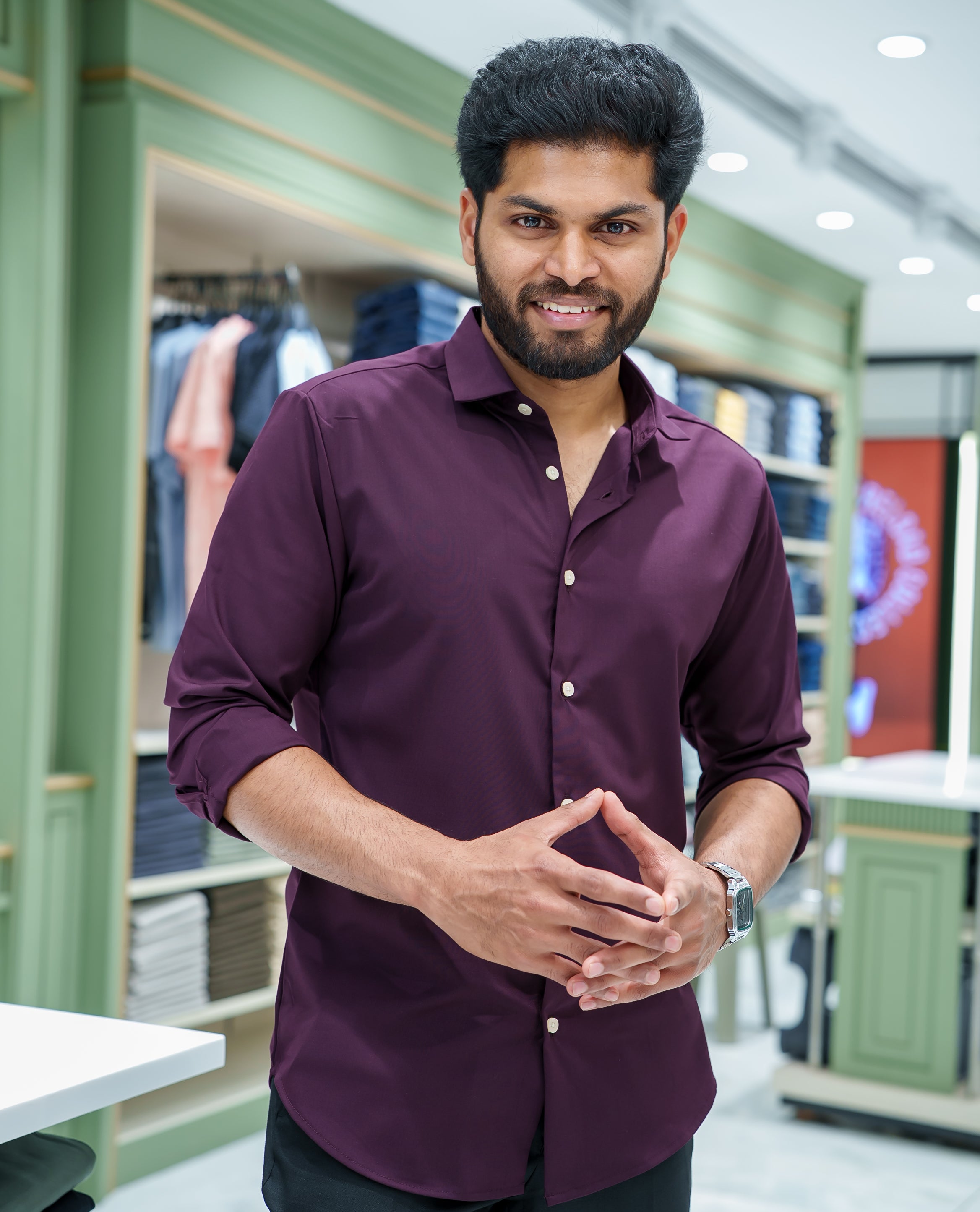 Burgundy Plain Cotton Blended Casual Liquid Shirt, Featuring a Spread Collar, Full Sleeves, Slim Fit, and Regular Length