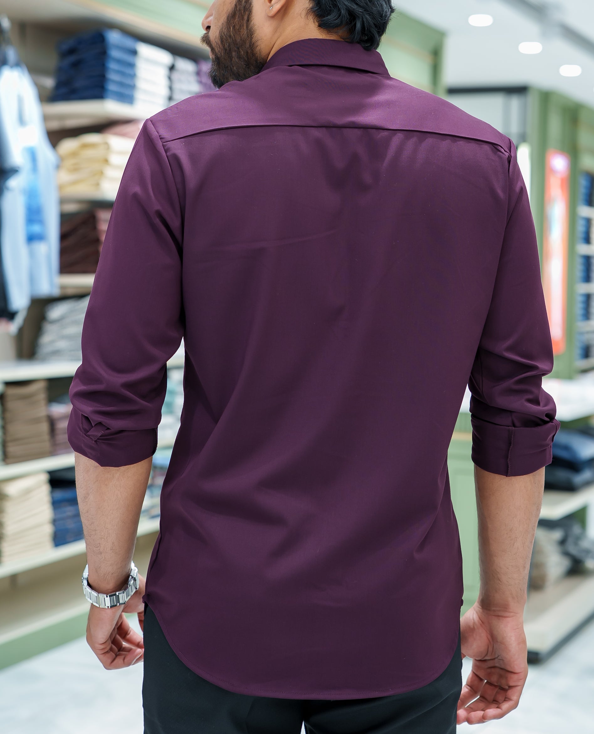 Burgundy Plain Cotton Blended Casual Liquid Shirt, Featuring a Spread Collar, Full Sleeves, Slim Fit, and Regular Length