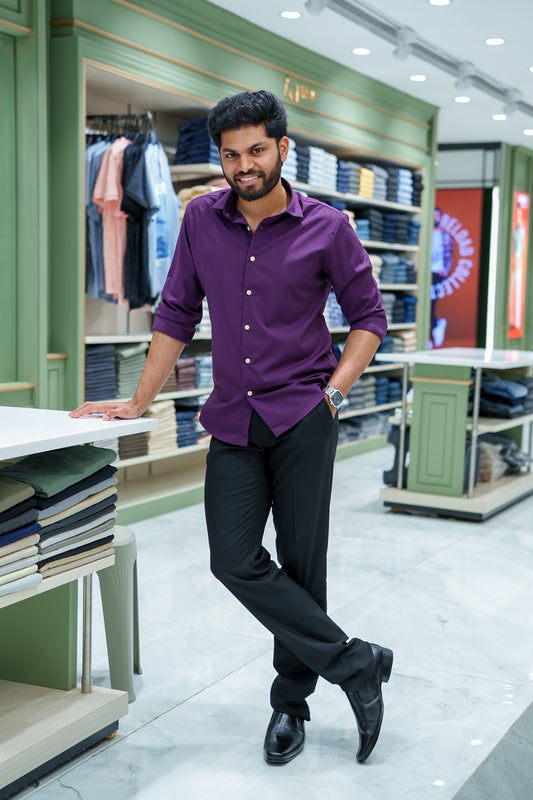 Purple Plain Cotton Blended Casual Liquid Shirt, Featuring a Spread Collar, Full Sleeves, Slim Fit, and Regular Length