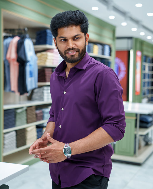 Purple Plain Cotton Blended Casual Liquid Shirt, Featuring a Spread Collar, Full Sleeves, Slim Fit, and Regular Length
