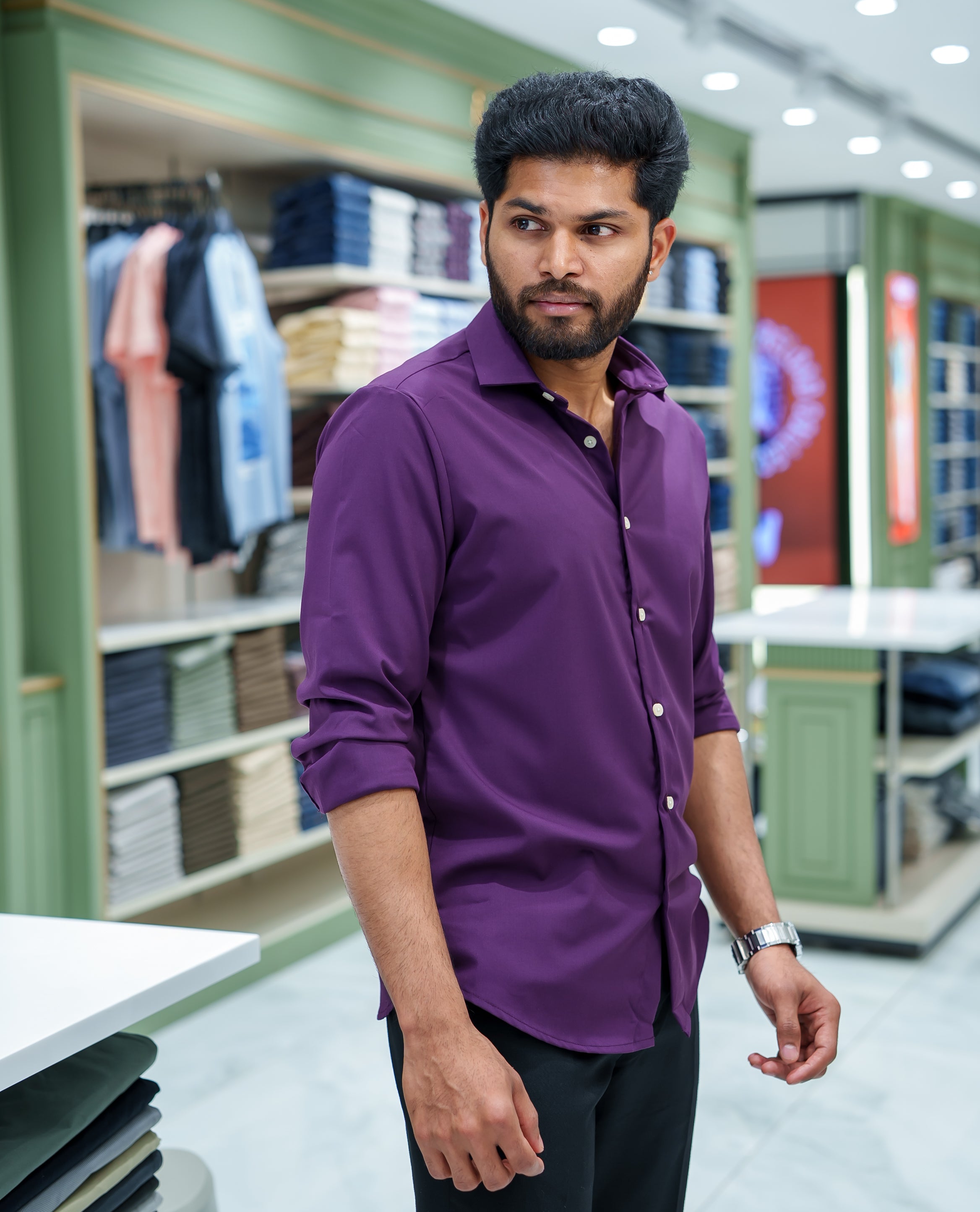 Purple Plain Cotton Blended Casual Liquid Shirt, Featuring a Spread Collar, Full Sleeves, Slim Fit, and Regular Length