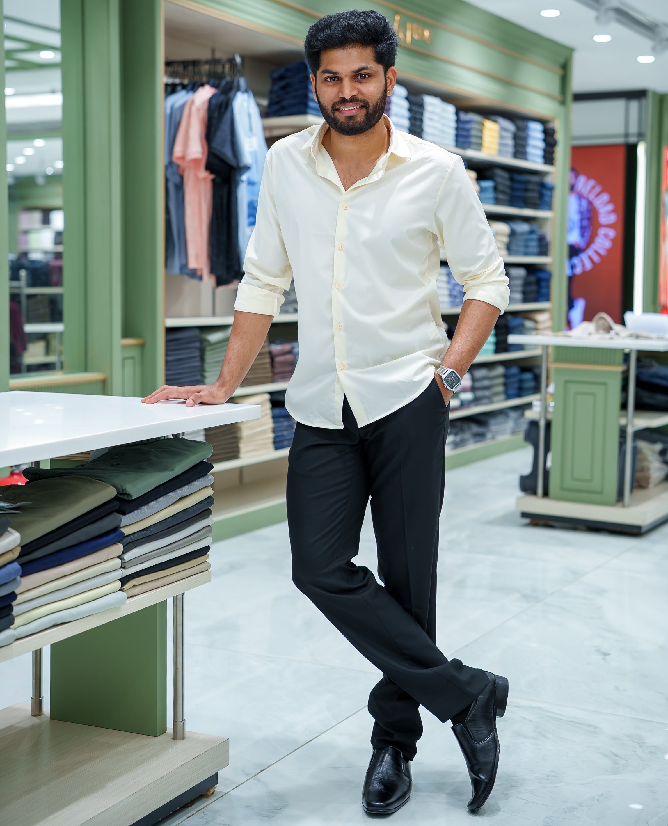 Cream Plain Cotton Blended Casual Liquid Shirt, Featuring a Spread Collar, Full Sleeves, Slim Fit, and Regular Length