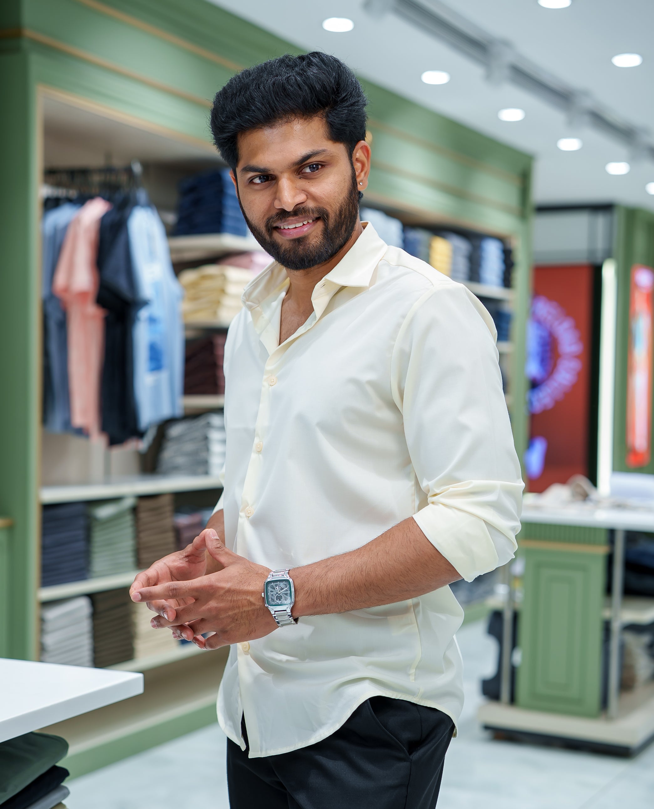 Cream Plain Cotton Blended Casual Liquid Shirt, Featuring a Spread Collar, Full Sleeves, Slim Fit, and Regular Length