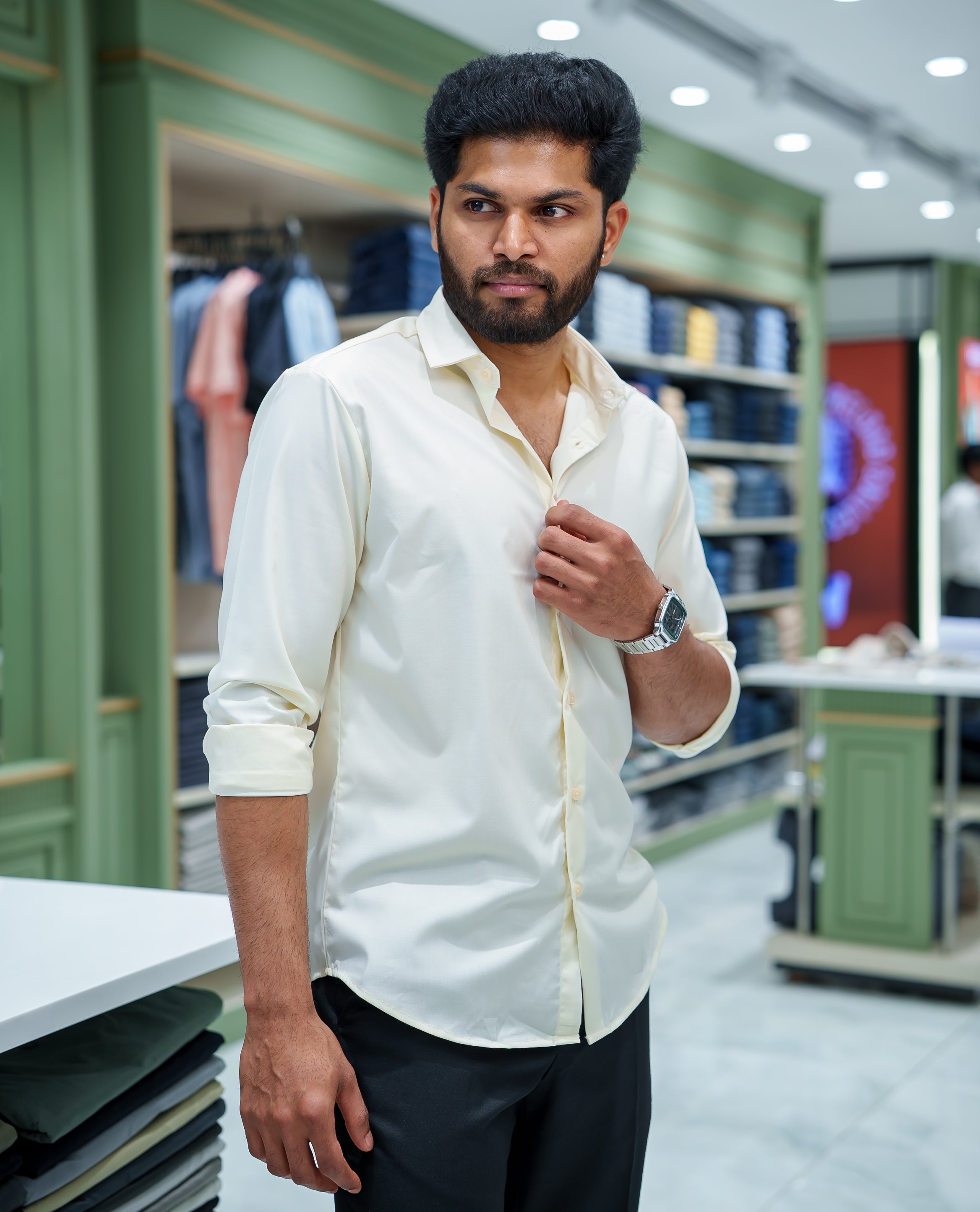 Cream Plain Cotton Blended Casual Liquid Shirt, Featuring a Spread Collar, Full Sleeves, Slim Fit, and Regular Length