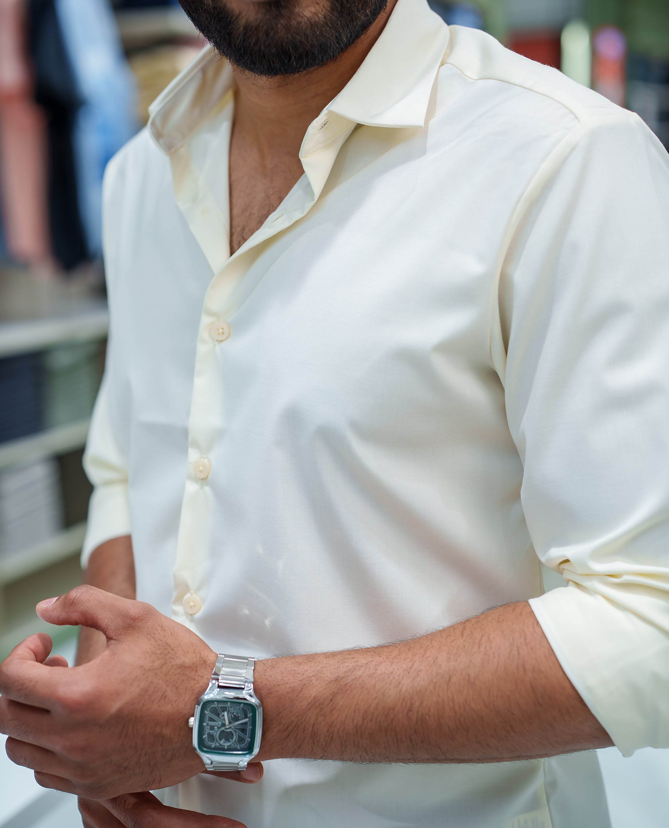 Cream Plain Cotton Blended Casual Liquid Shirt, Featuring a Spread Collar, Full Sleeves, Slim Fit, and Regular Length