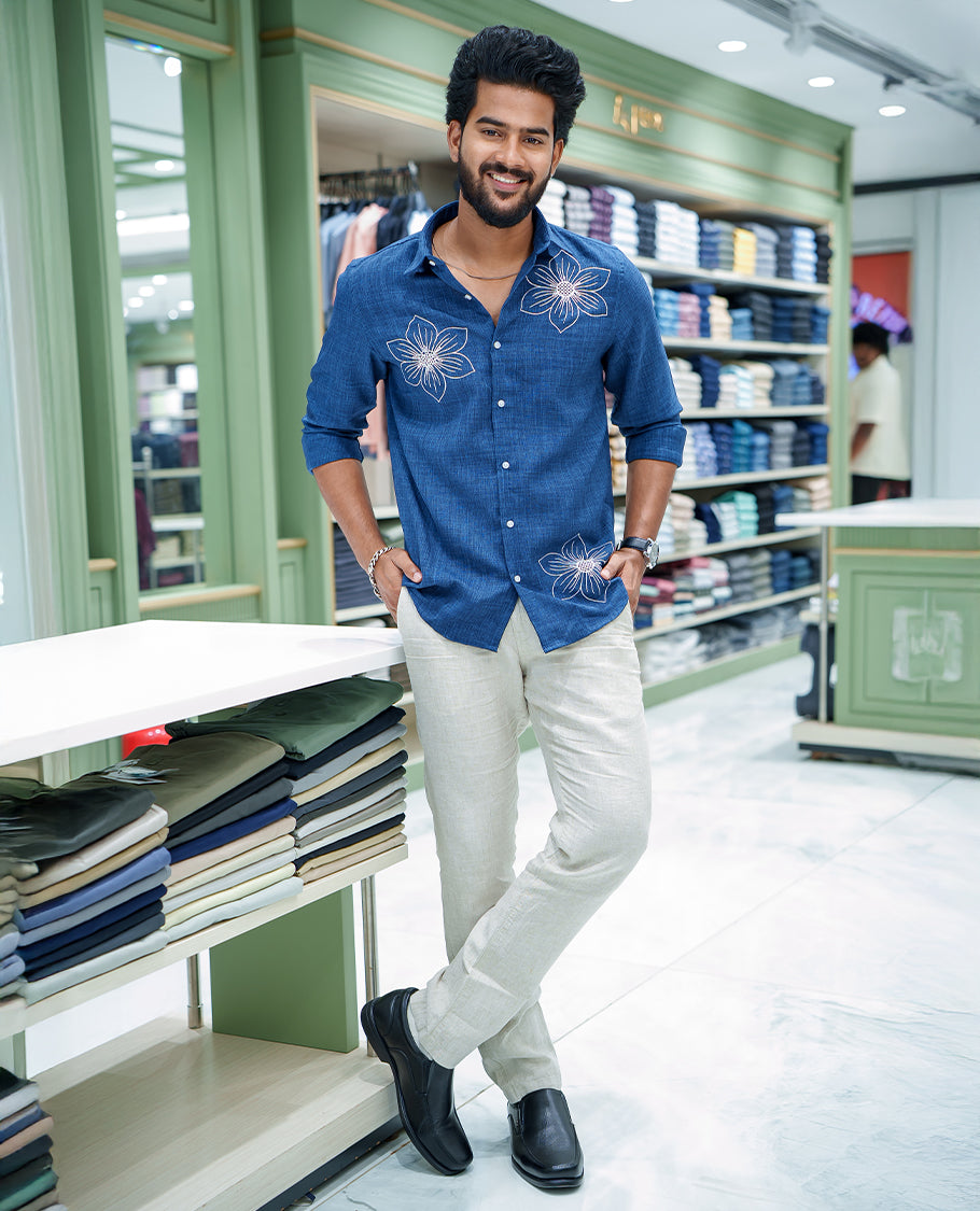Navy Blue Linen Blended Casual Shirt, Elevated with Heathered Base and Floral Thread Embroidery, Featuring a Spread Collar, Full-Sleeves, Slim Fit, and Regular Length