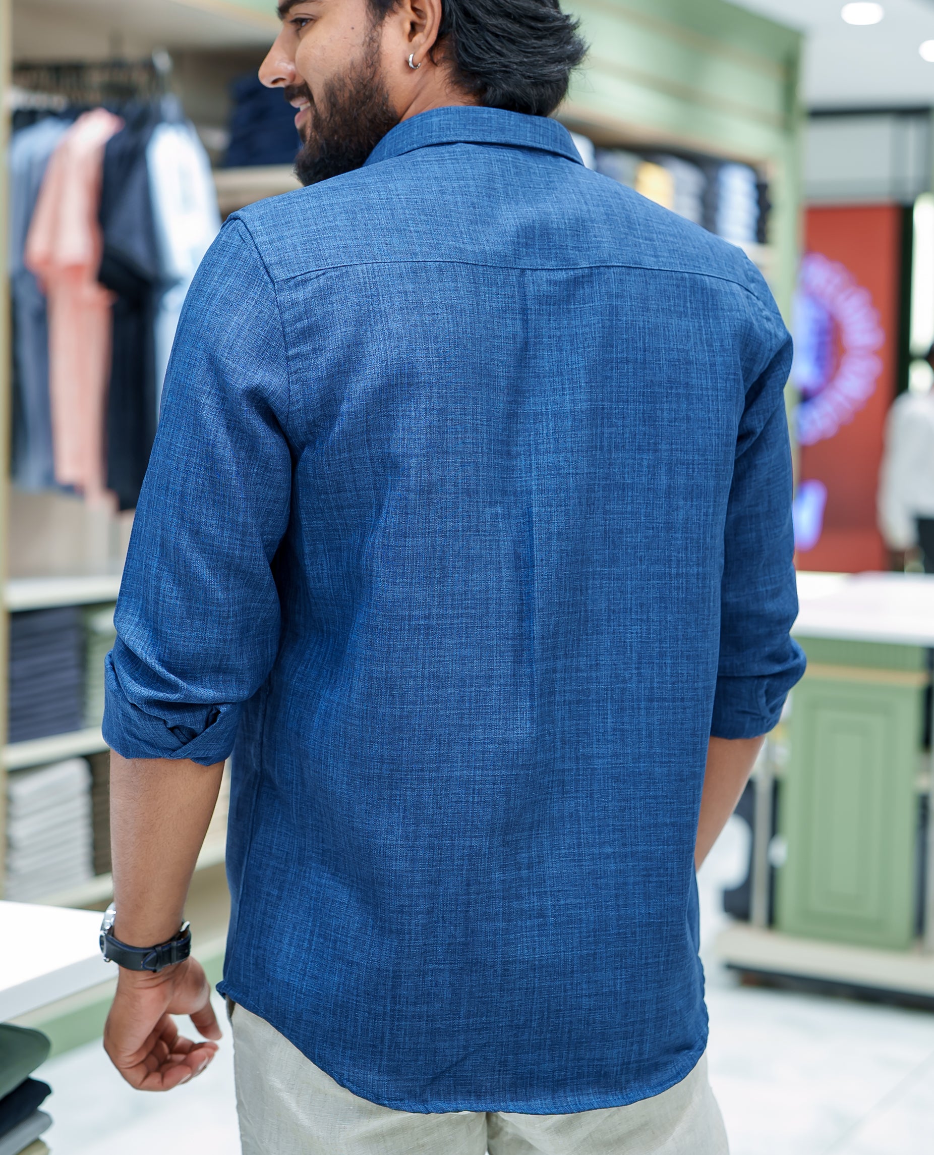 Navy Blue Linen Blended Casual Shirt, Elevated with Heathered Base and Floral Thread Embroidery, Featuring a Spread Collar, Full-Sleeves, Slim Fit, and Regular Length