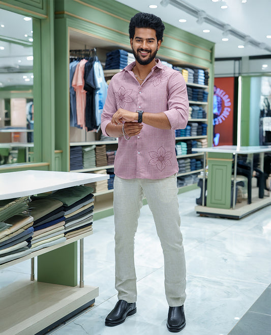 Pink Linen Blended Casual Shirt, Subtly Sparkled with Heathered Base and Floral Thread Embroidery, Featuring a Spread Collar, Full-Sleeves, Slim Fit, and Regular Length