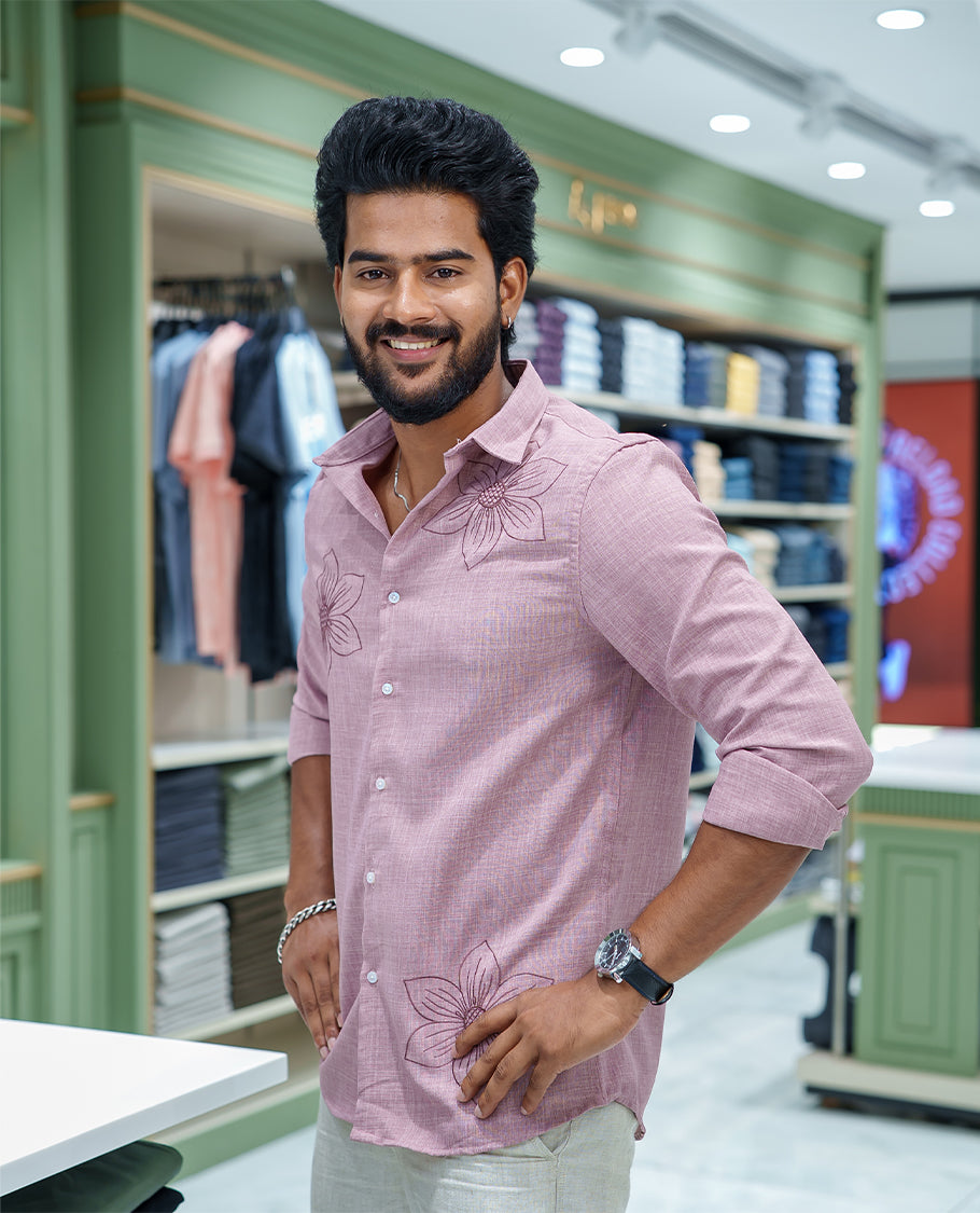 Pink Linen Blended Casual Shirt, Subtly Sparkled with Heathered Base and Floral Thread Embroidery, Featuring a Spread Collar, Full-Sleeves, Slim Fit, and Regular Length