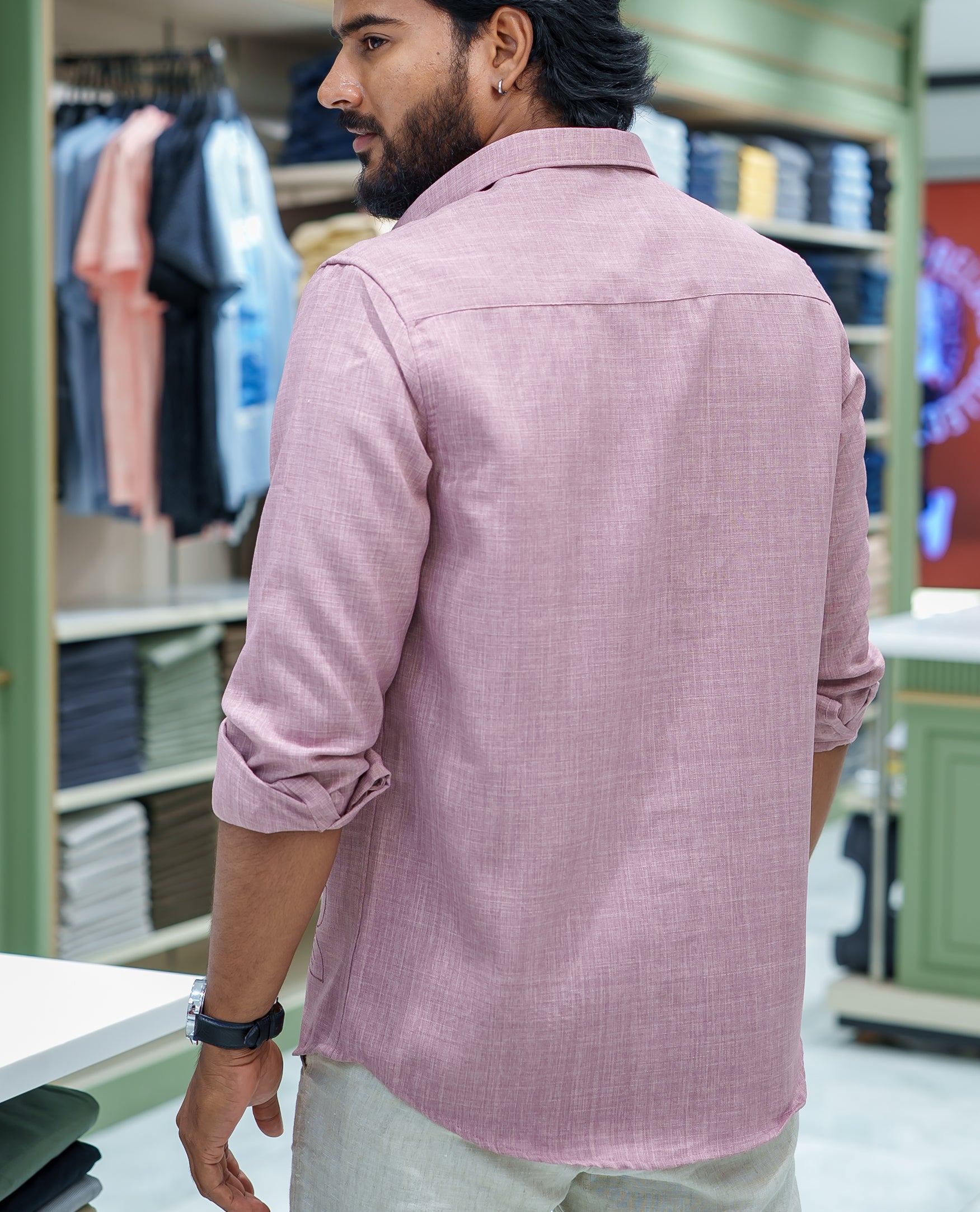 Pink Linen Blended Casual Shirt, Subtly Sparkled with Heathered Base and Floral Thread Embroidery, Featuring a Spread Collar, Full-Sleeves, Slim Fit, and Regular Length