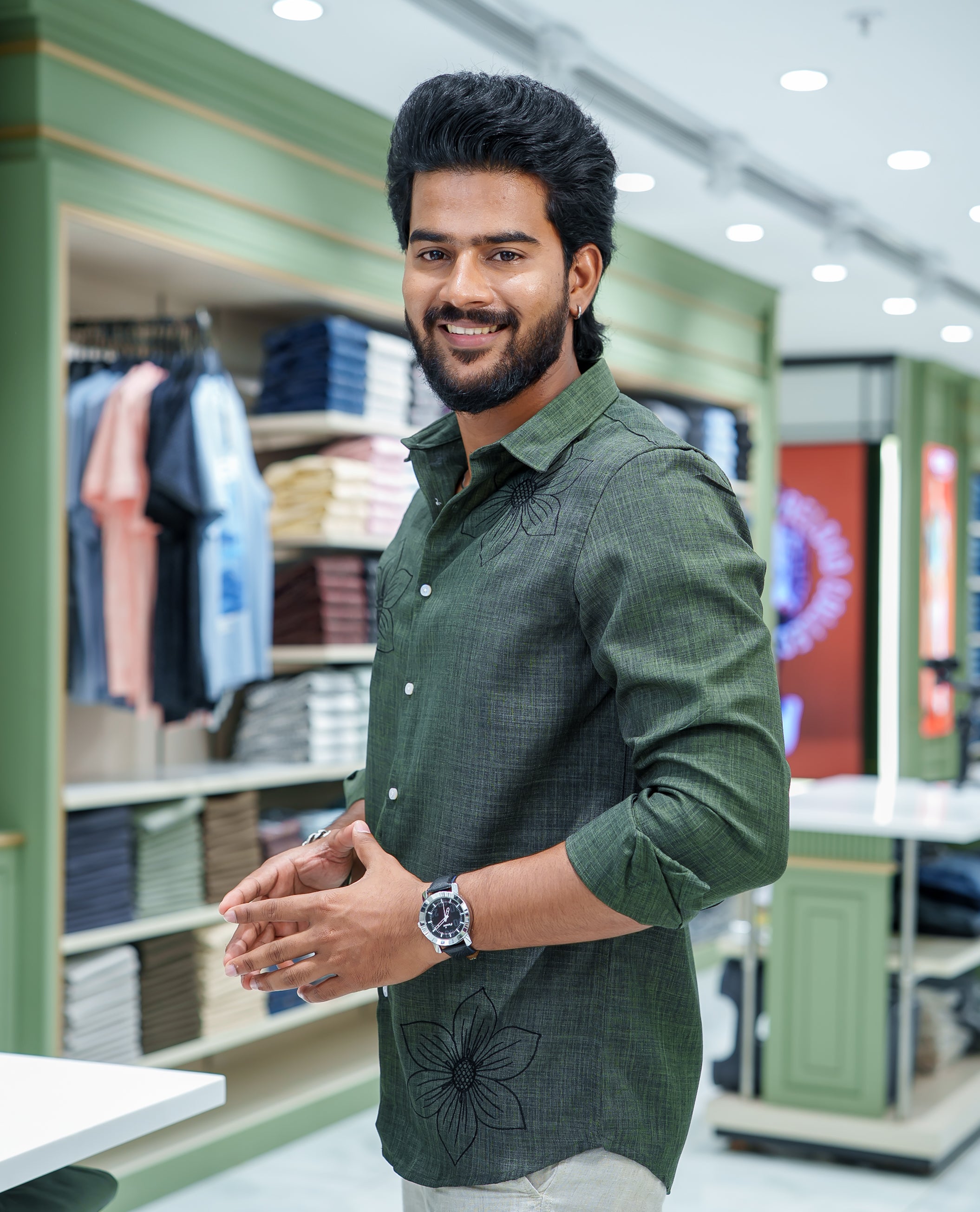 Dark Green Linen Blended Casual Shirt, Accentuated with Heathered Base and Floral Thread Embroidery, Featuring a Spread Collar, Full-Sleeves, Slim Fit, and Regular Length