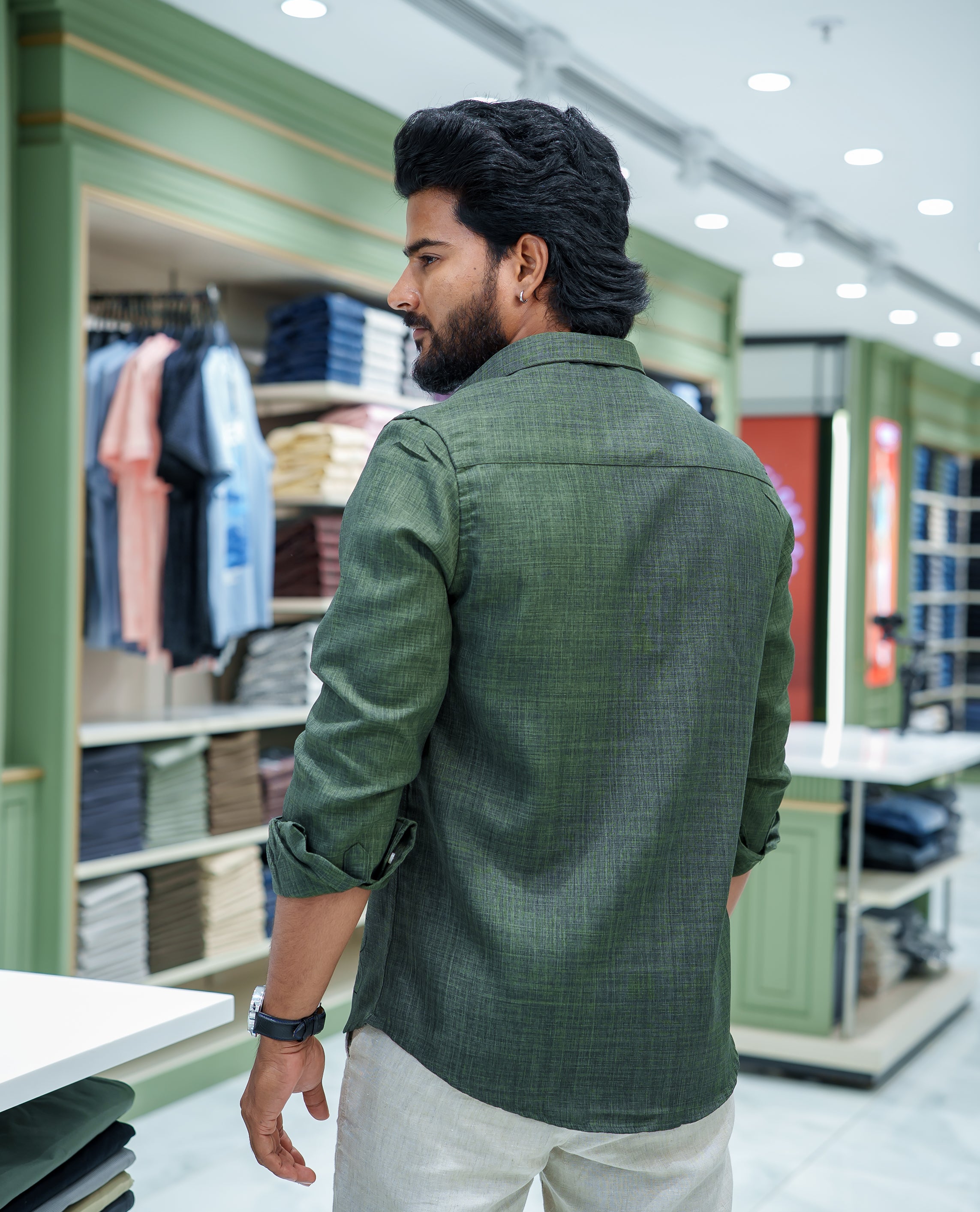 Dark Green Linen Blended Casual Shirt, Accentuated with Heathered Base and Floral Thread Embroidery, Featuring a Spread Collar, Full-Sleeves, Slim Fit, and Regular Length