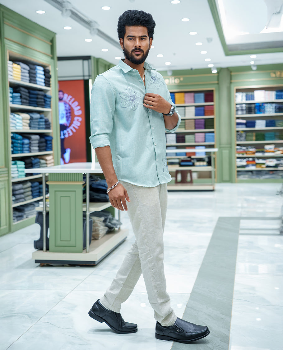 Pista Green Linen Blended Casual Shirt, Decked Up with Heathered Base and Floral Thread Embroidery, Featuring a Spread Collar, Full-Sleeves, Slim Fit, and Regular Length