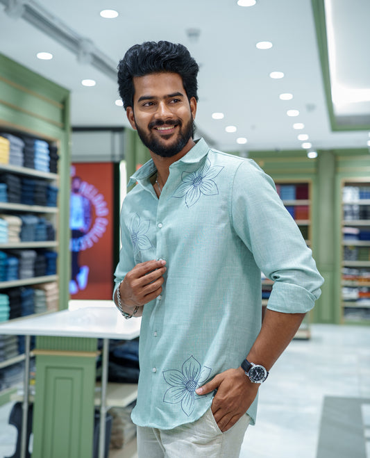 Pista Green Linen Blended Casual Shirt, Decked Up with Heathered Base and Floral Thread Embroidery, Featuring a Spread Collar, Full-Sleeves, Slim Fit, and Regular Length