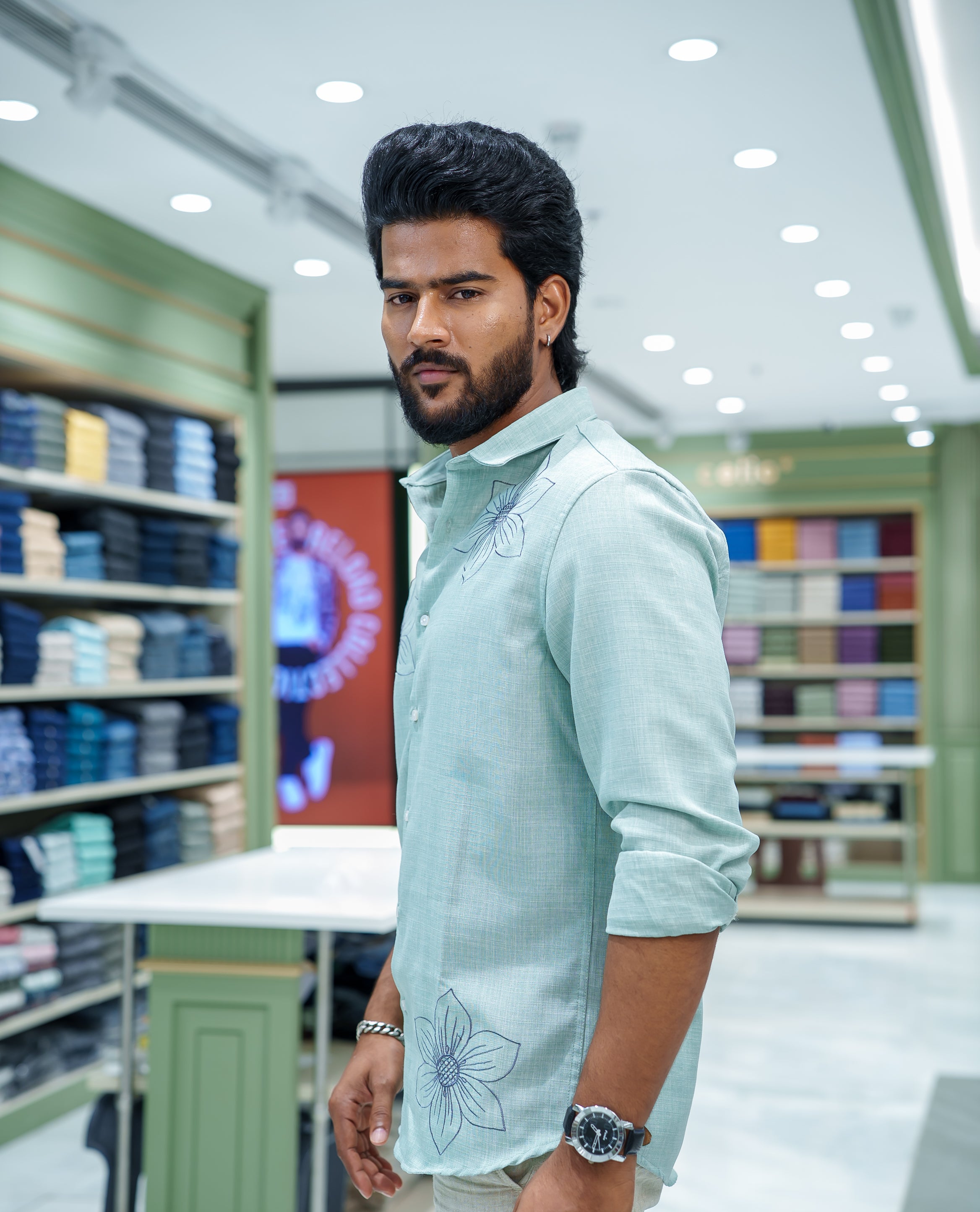Pista Green Linen Blended Casual Shirt, Decked Up with Heathered Base and Floral Thread Embroidery, Featuring a Spread Collar, Full-Sleeves, Slim Fit, and Regular Length