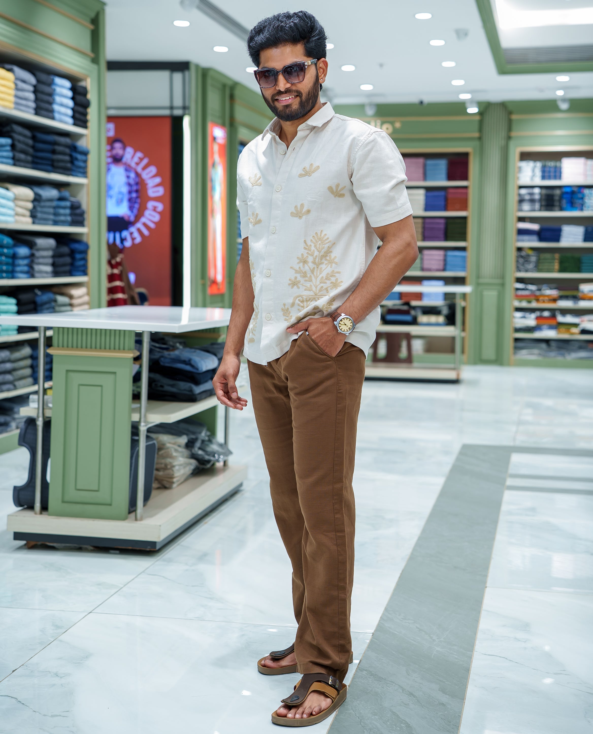 Cream Cotton-Blended Casual Shirt, Enthralled with Floral-Themed Crochet Embroidery, Featuring a Spread Collar, Half Sleeves, Regular Fit, and Regular Length