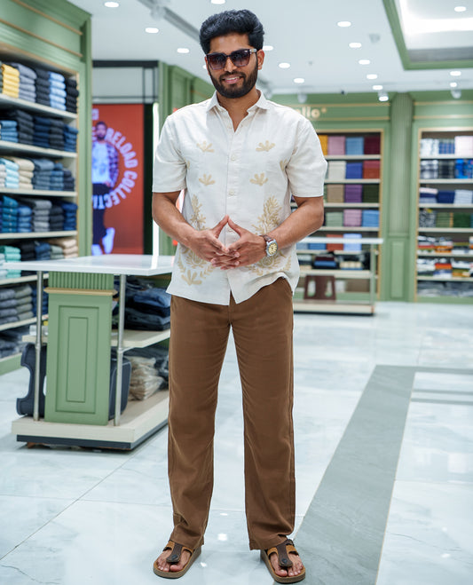 Cream Cotton-Blended Casual Shirt, Enthralled with Floral-Themed Crochet Embroidery, Featuring a Spread Collar, Half Sleeves, Regular Fit, and Regular Length