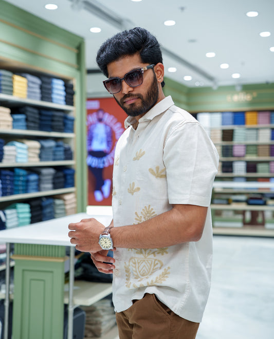 Cream Cotton-Blended Casual Shirt, Enthralled with Floral-Themed Crochet Embroidery, Featuring a Spread Collar, Half Sleeves, Regular Fit, and Regular Length