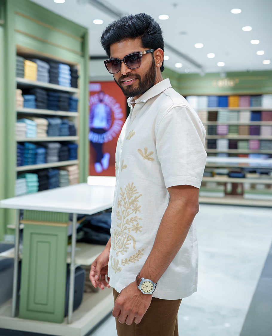Cream Cotton-Blended Casual Shirt, Enthralled with Floral-Themed Crochet Embroidery, Featuring a Spread Collar, Half Sleeves, Regular Fit, and Regular Length