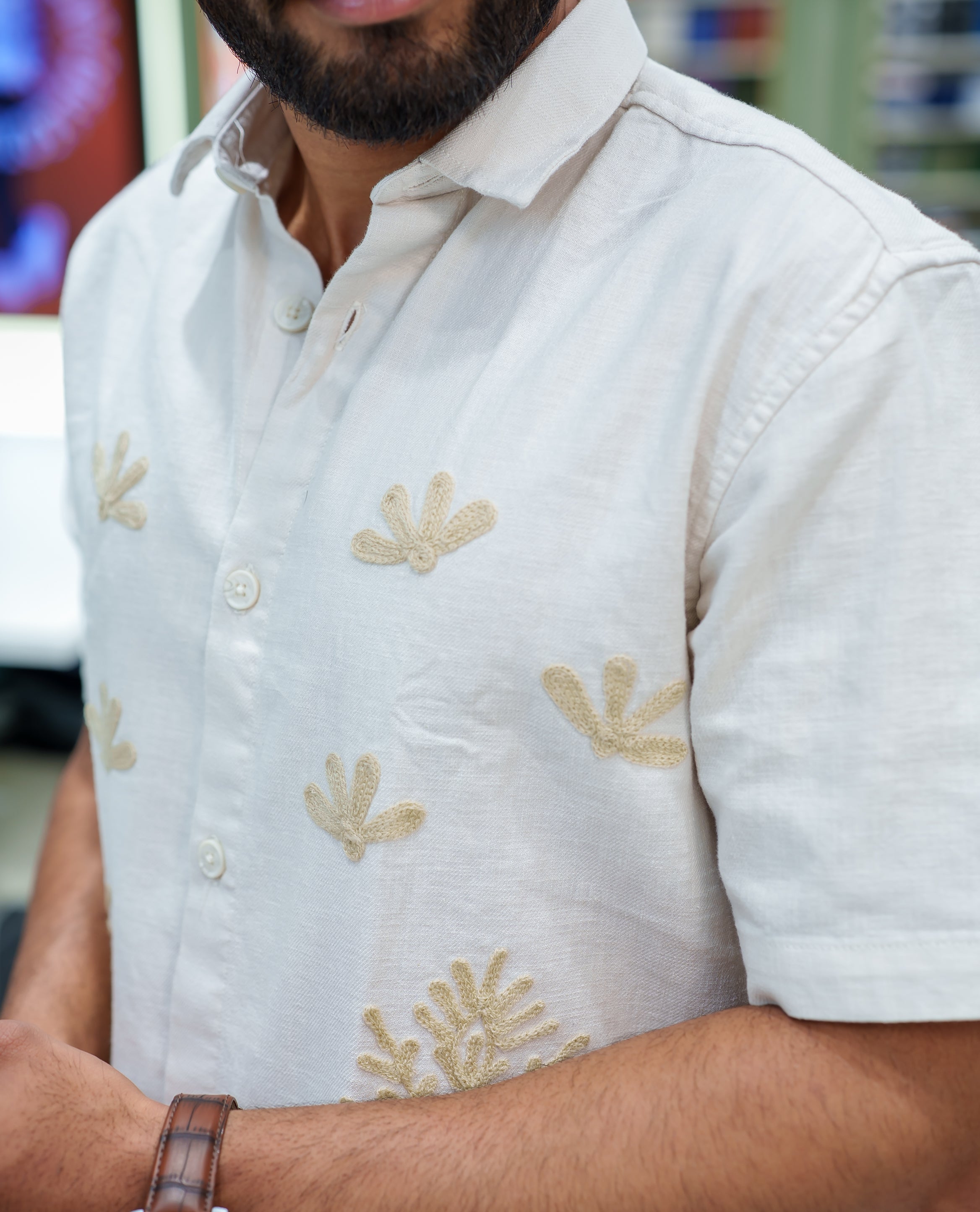 Cream Cotton-Blended Casual Shirt, Enthralled with Floral-Themed Crochet Embroidery, Featuring a Spread Collar, Half Sleeves, Regular Fit, and Regular Length