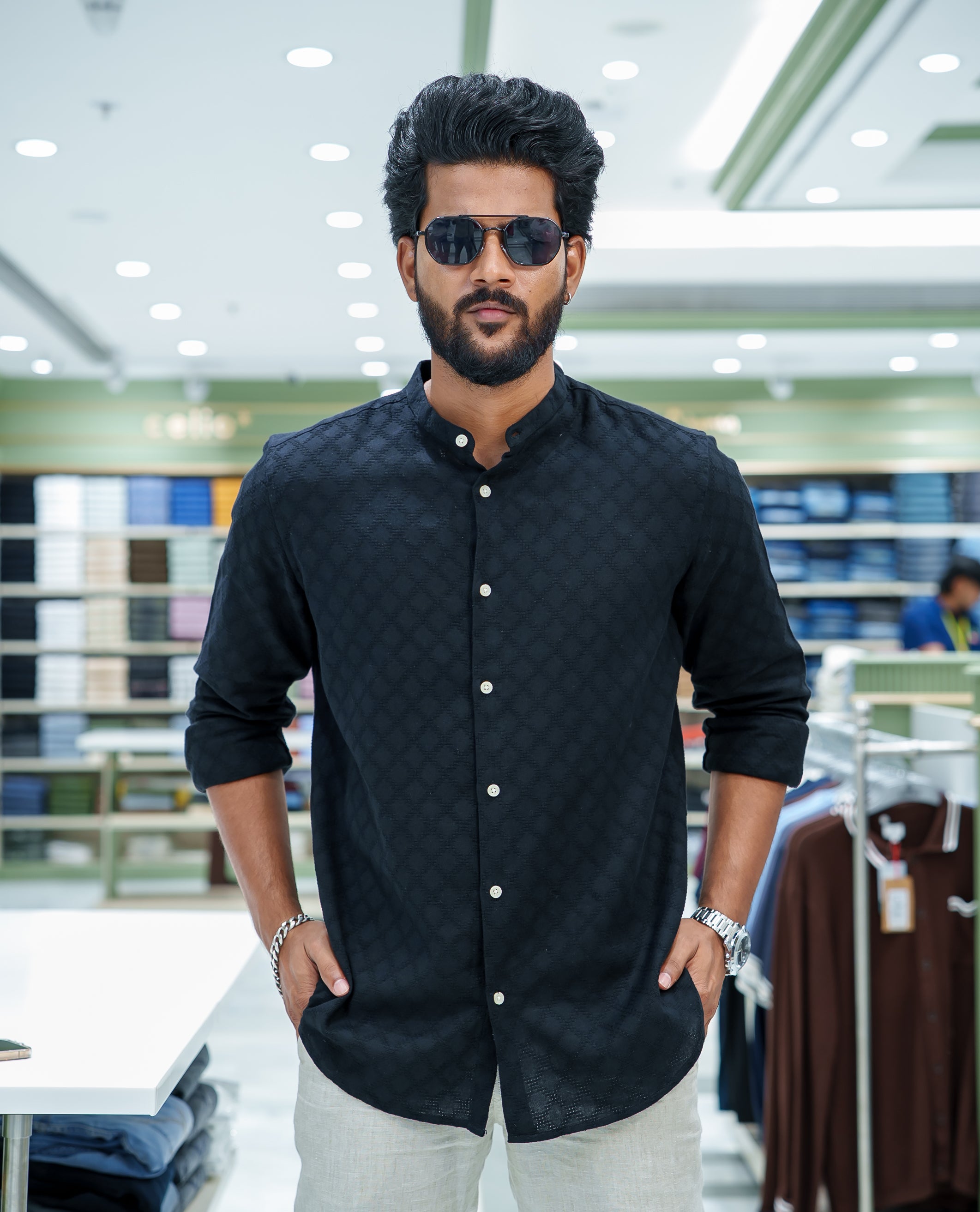 Black Cotton Blended Casual Shirt, Subtly Sparkled with Diamond-Patterns Texture, Featuring a Mandarin Collar, Full Sleeves, Slim Fit, and Regular Length