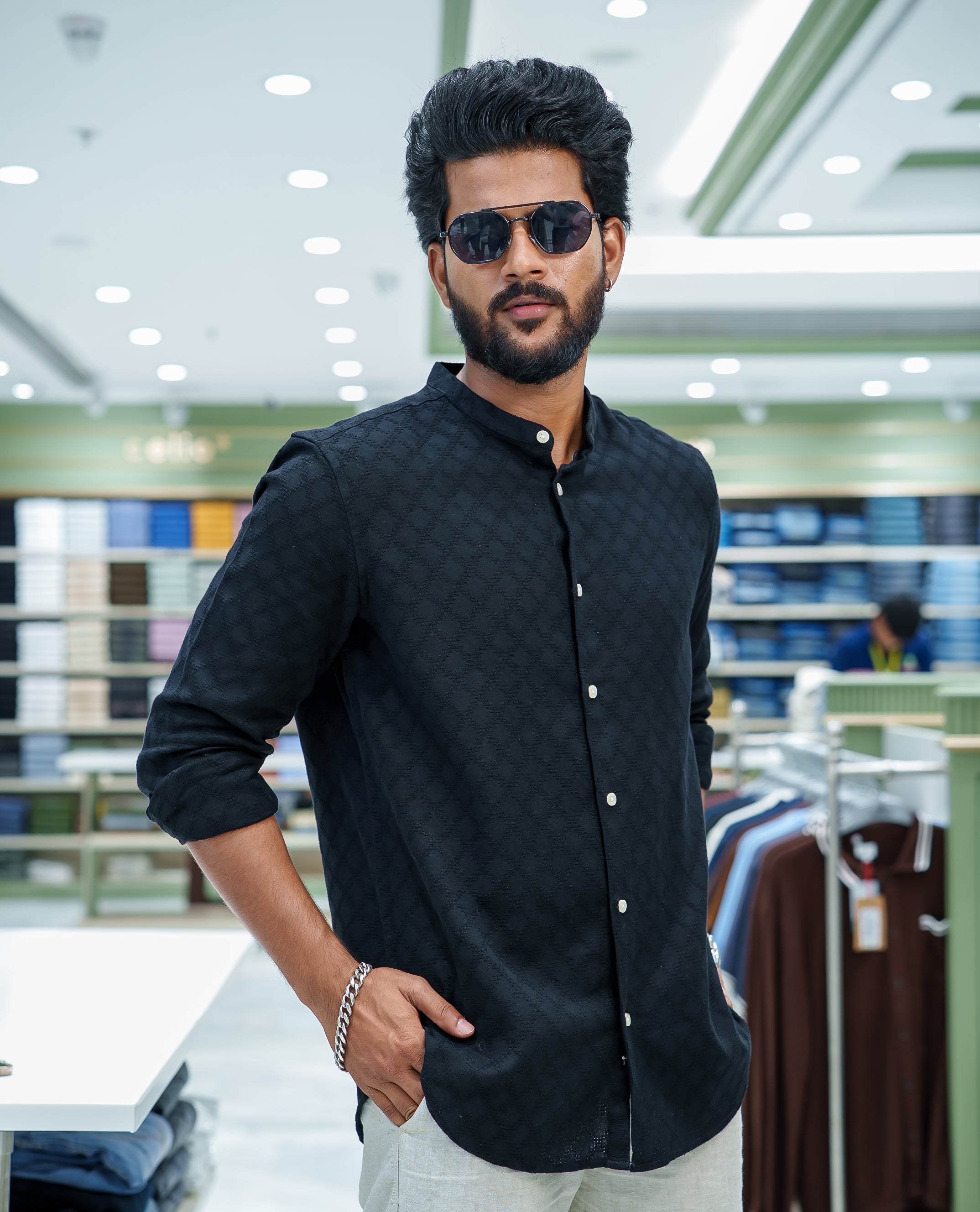 Black Cotton Blended Casual Shirt, Subtly Sparkled with Diamond-Patterns Texture, Featuring a Mandarin Collar, Full Sleeves, Slim Fit, and Regular Length