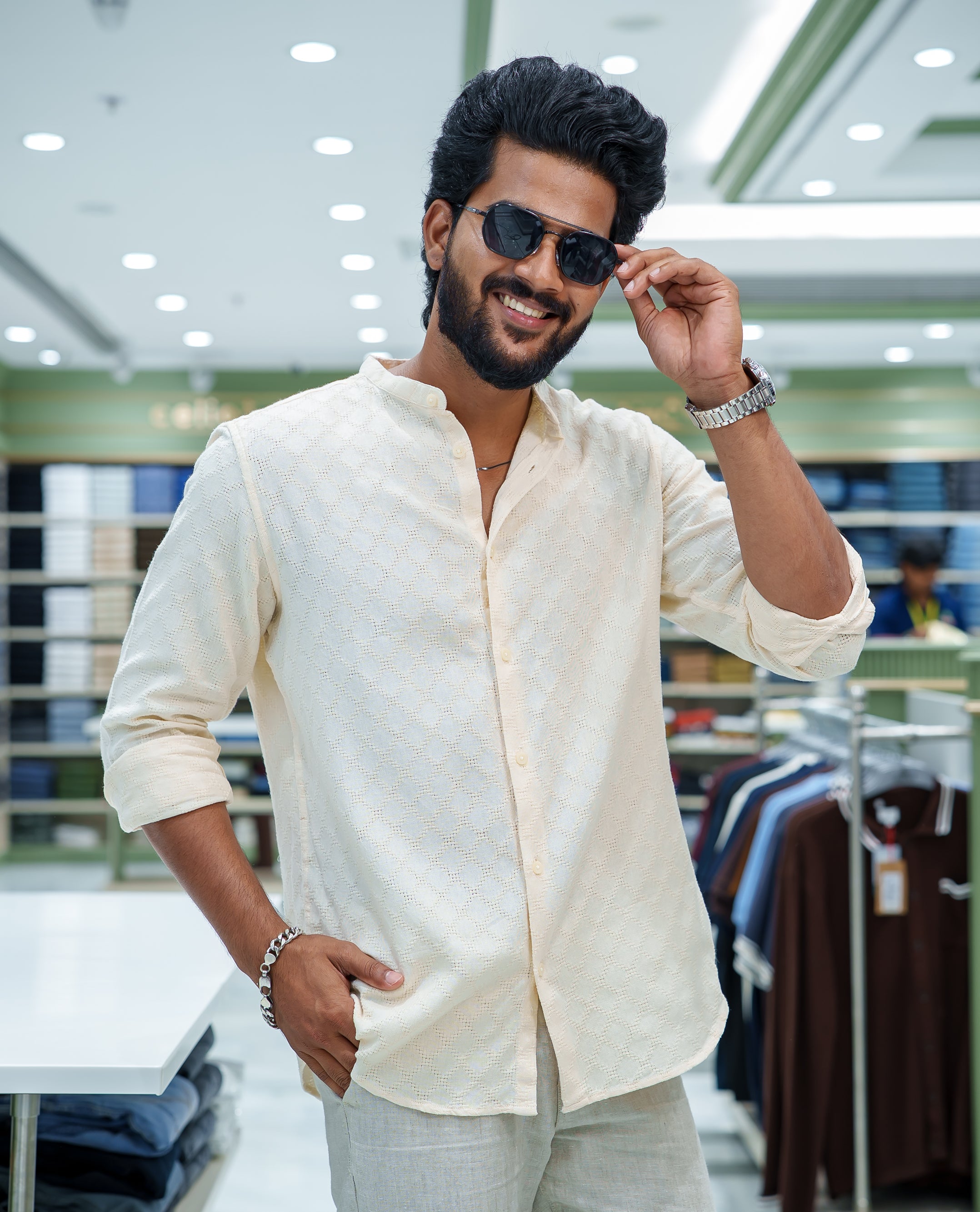 Cream Cotton Blended Casual Shirt, Subtly Sparkled with Diamond-Patterns Texture, Featuring a Mandarin Collar, Full Sleeves, Slim Fit, and Regular Length