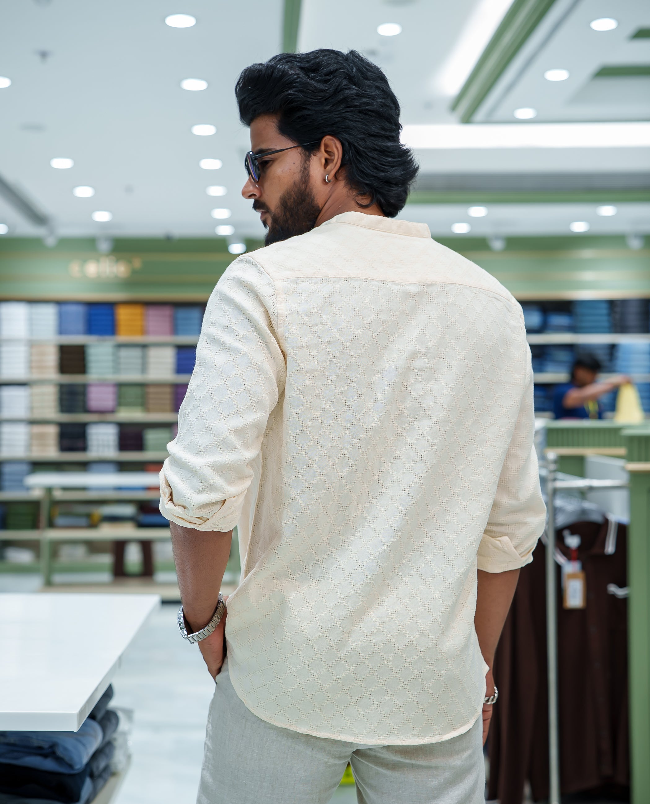 Cream Cotton Blended Casual Shirt, Subtly Sparkled with Diamond-Patterns Texture, Featuring a Mandarin Collar, Full Sleeves, Slim Fit, and Regular Length