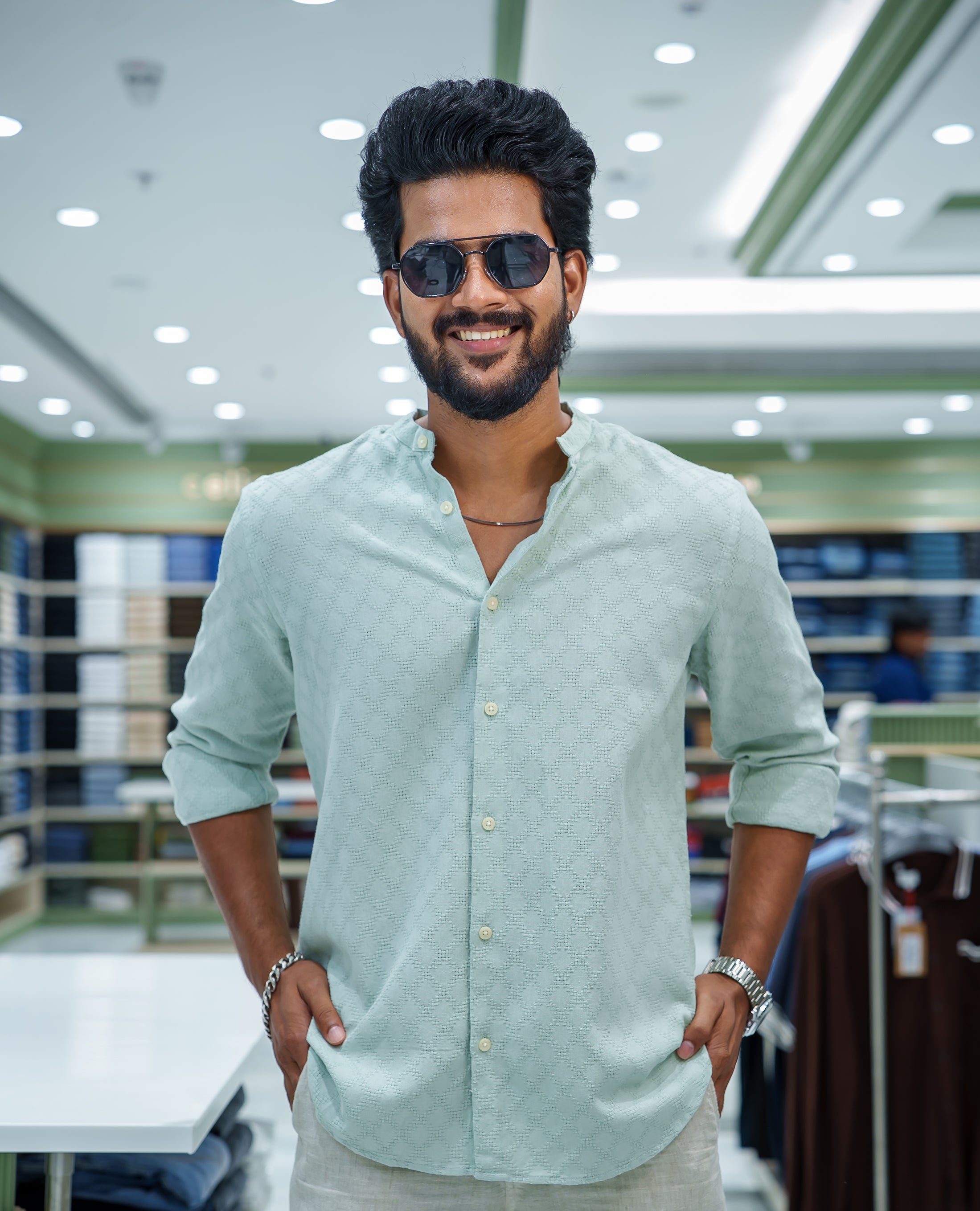 Light Green Cotton Blended Casual Shirt, Subtly Sparkled with Diamond-Patterns Texture, Featuring a Mandarin Collar, Full Sleeves, Slim Fit, and Regular Length