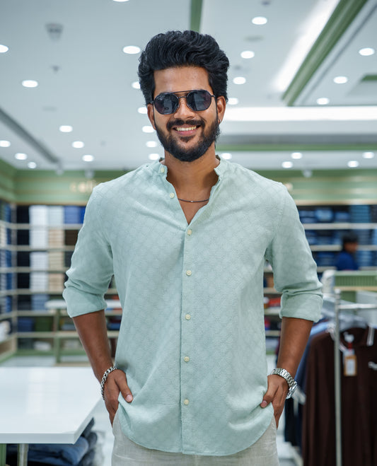 Light Green Cotton Blended Casual Shirt, Subtly Sparkled with Diamond-Patterns Texture, Featuring a Mandarin Collar, Full Sleeves, Slim Fit, and Regular Length