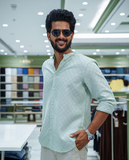 Light Green Cotton Blended Casual Shirt, Subtly Sparkled with Diamond-Patterns Texture, Featuring a Mandarin Collar, Full Sleeves, Slim Fit, and Regular Length